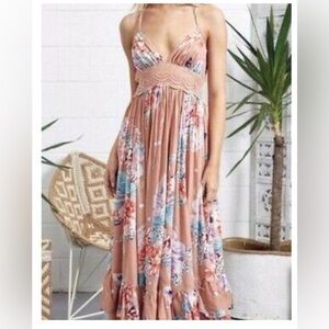 Jaase Peach Floral Print Boho Maxi Halter Dress Women’s Size Large